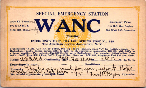 NY, JAMESTOWN - QSL HAM or CB Radio Call Card - Special Emergency Station - 2k06