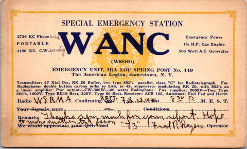 NY, Jamestown - QSL HAM or CB Radio Call Card - Special Emergency Station - 2k06