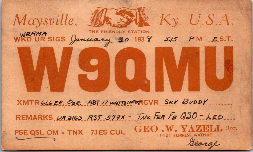 KY, MAYSVILLE - QSL HAM or CB Radio Call Card - Geo W Yazell - 2k0638