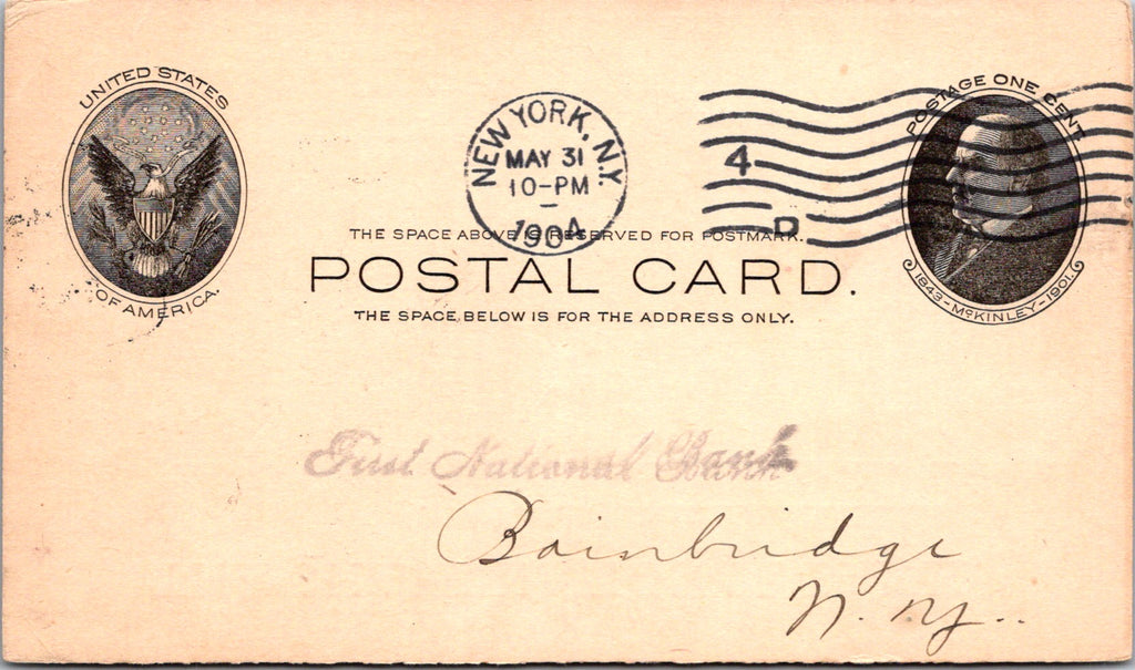 NY, NEW YORK CITY- Chase National Bank - E J Stalker, Cashier - Postal Card - 2k0760