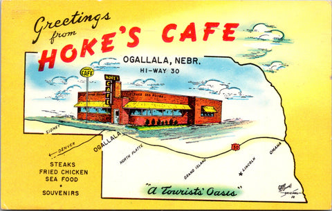 NE, Ogallala - HOKE'S CAFE - greetings from - 1959 postcard - 2k1416