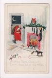 Xmas - Chinese? Santa, no beard, coming thru the window postcard - 500135