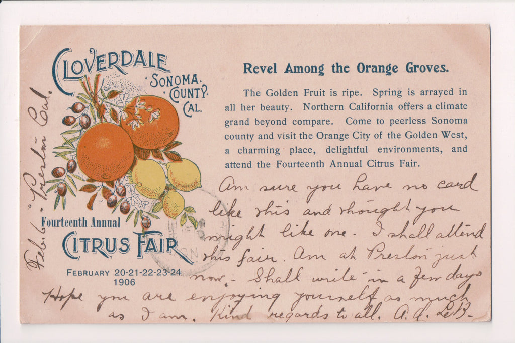 CA, CLOVERDALE - Citrus Fair 1906 card (original SOLD) 500166