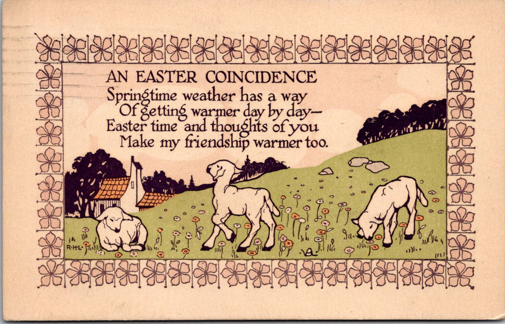 Easter - lambs on pasture - R H L signed postcard - 500498