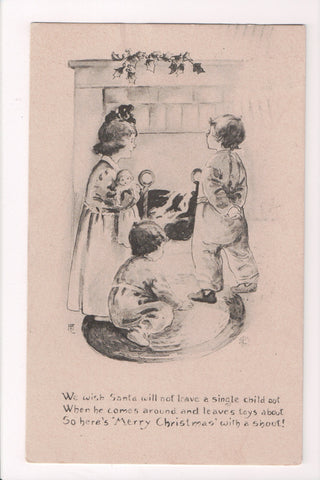 Xmas - kids by the fireplace - Artist Signed - @1913 postcard - 500832