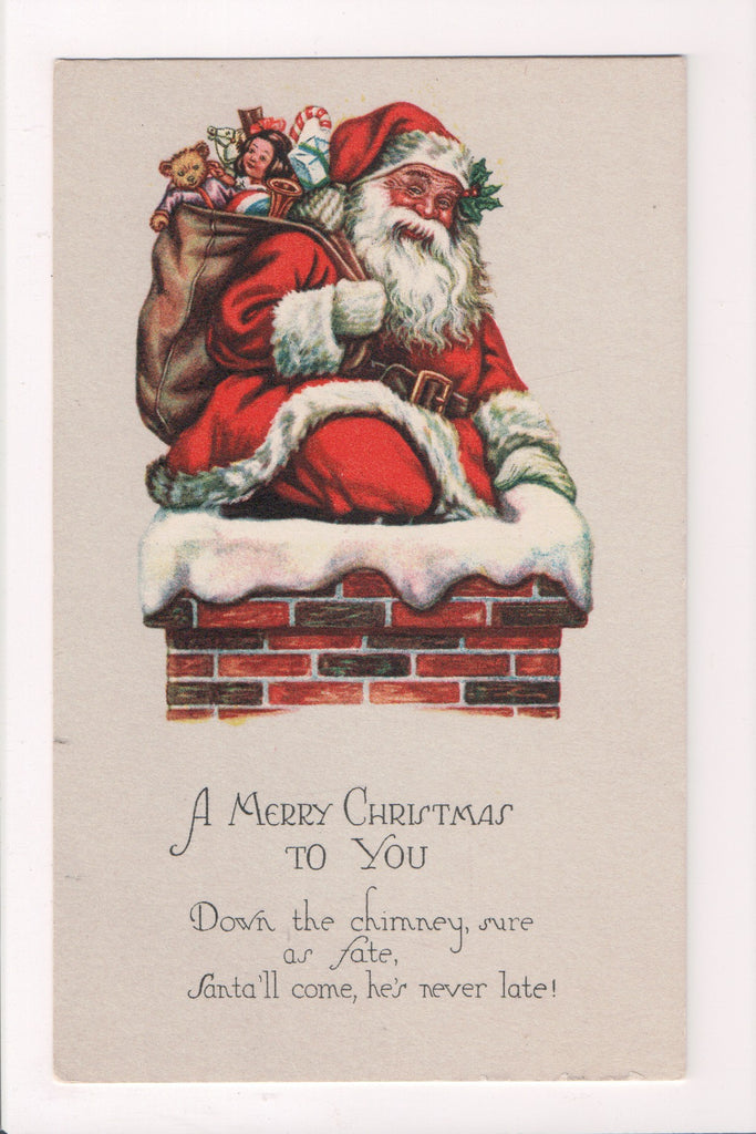 Xmas - Santa Entering a chimney with white mittens holding brown toy sack - 5010