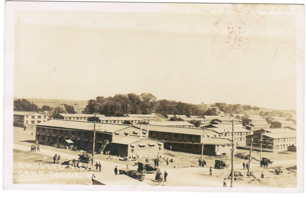 IA, Camp Dodge - bird eye view on the workers and area - RPPC - B06704