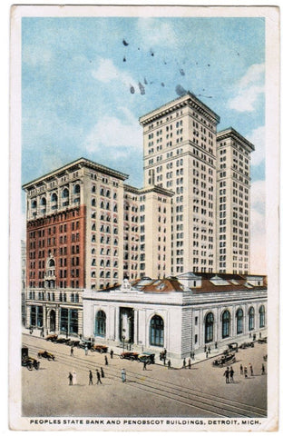 MI, Detroit - Peoples State Bank, Penobscot building postcard - F03181