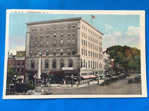 NY, WATERTOWN - YMCA and Bonadio Tires sign, postcard - H15049