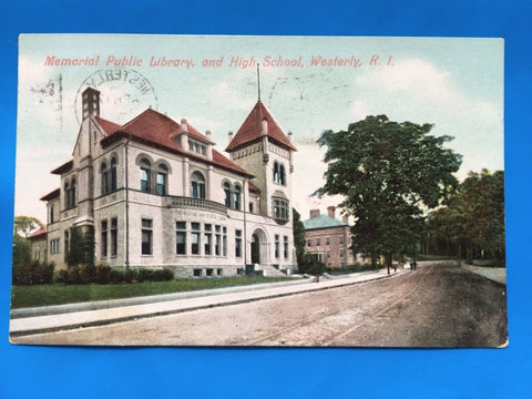 RI, WESTERLY - Memorial Public Library and High School postcard - B11151