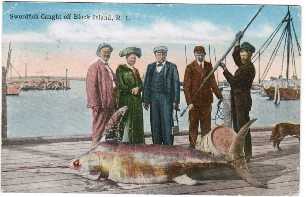 RI, Block Island - Swordfish caught, large fish closeup, people - C06702