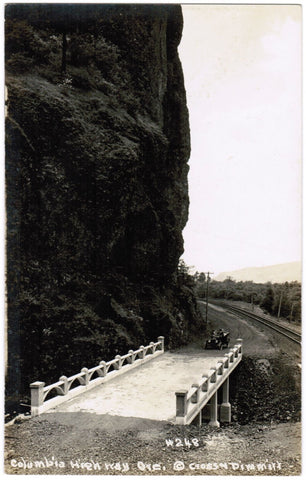 OR, COLUMBIA HIGHWAY - Bridge with old car just approaching RPPC - R00313