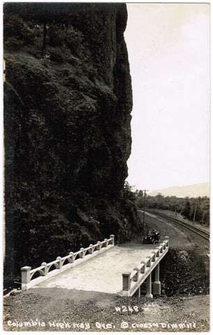 OR, Columbia Highway - Bridge with old car just approaching RPPC - R00313