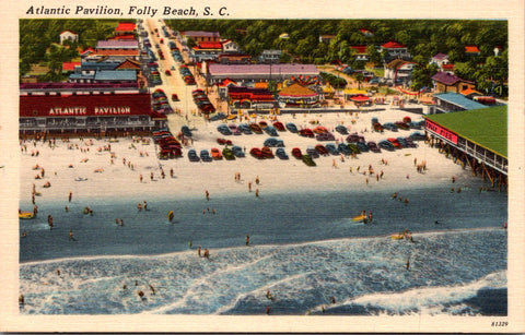 SC, Folly Beach - Atlantic Pavilion from above incl Folly Pier postcard - 605232
