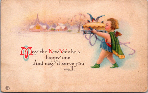 New Year - small child with cape carrying a pie postcard - 605273