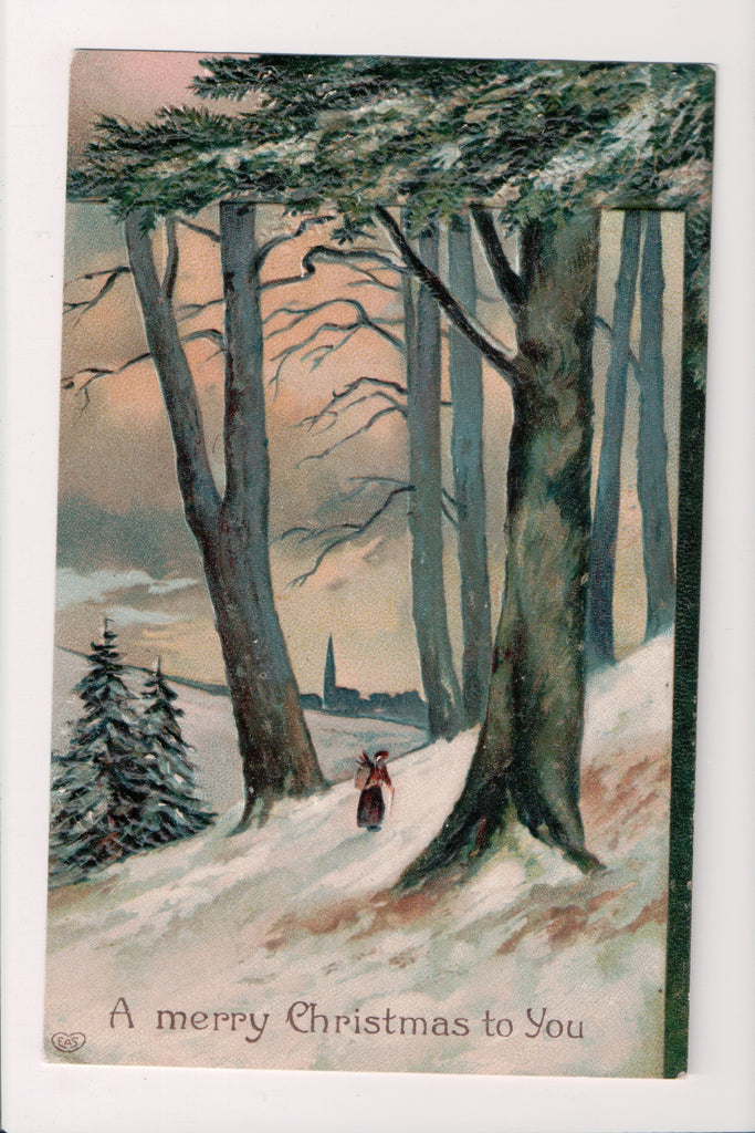 Xmas postcard - Christmas - lady walking in woods - EAS - 700096