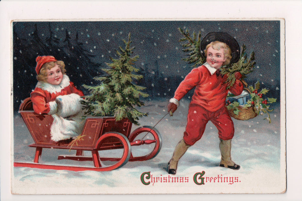 Xmas postcard - Christmas - Girl in Sleigh, boy - 800449