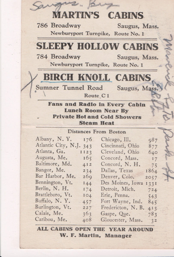 MA, Saugus - Martins Cabins 786 Broadway advertising postcard - 800549