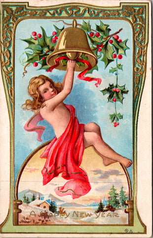 New Year - girl hanging on bell - Nash postcard - A06198