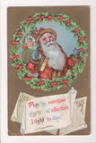 Xmas - Santa with brown fur to his suit and blue mittens, address book - A06593