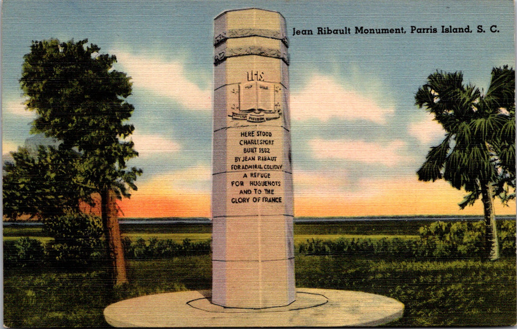 SC, PARRIS ISLAND - Jean Ribault Monument close up postcard - A06623