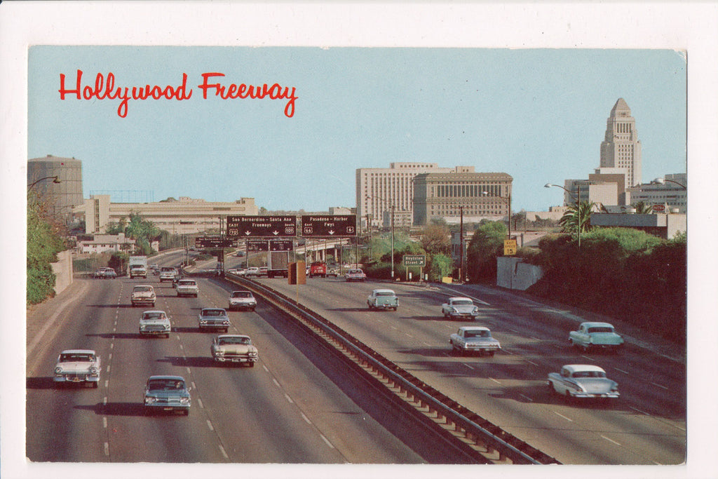 CA, HOLLYWOOD -  Hollywood Freeway - Highway signs, old cars postcard - A06917