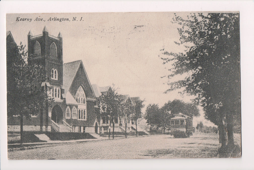 NJ, Arlington - Kearny Ave, Church, Trolly postcard - A06947