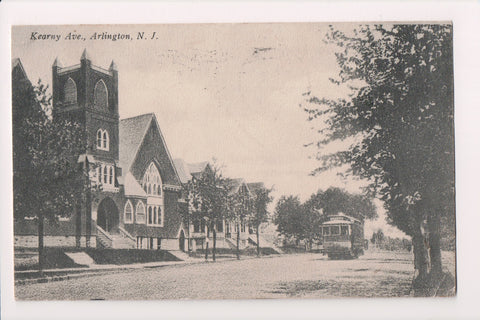 NJ, ARLINGTON - Kearny Ave, Church, Trolly postcard - A06947
