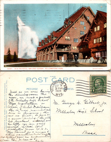 WY, Yellowstone Park - Old Faithful Inn, Geyser - @1924 postcard - A07342