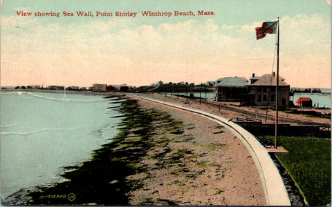 MA, Winthrop Beach - Point Shirley, Sea Wall, buildings - 1914 postcard - A17071