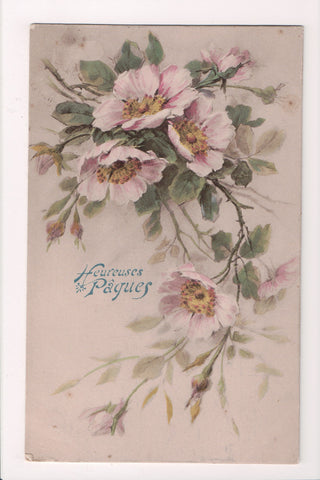 Easter postcard - HEUREUSES PAQUES - Pink flowers - Noyer card - A19008