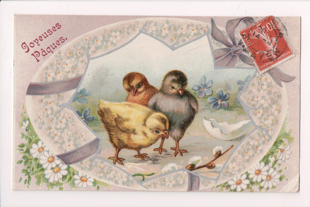 Easter postcard - chicks looking at pussy willows - JOYEUSES PAQUES - A19012