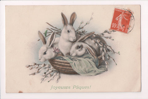 Easter postcard - 3 rabbits in a basket with pussy willows - A19014