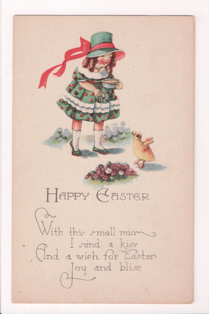 Easter postcard - girl with ringlets feeding a little chick - #1306 - A19017