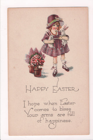 Easter - girl in purple holding a couple of bunnies - A19022