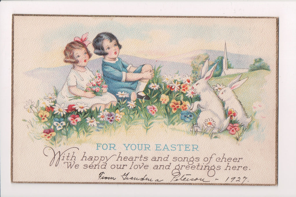 Easter - boy and girl with 2 rabbits - Series 1166D - A19028