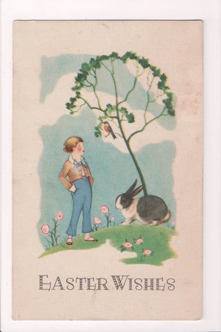 Easter postcard - boy with black and white rabbit, bluebird - A19030