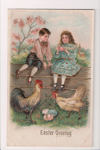 Easter - Rooster, Hen, colored eggs, Boy and Girl - A19034