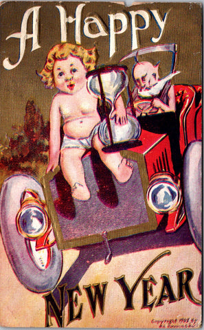 New Year - small child on hood of car driven by father time postcard - A19166
