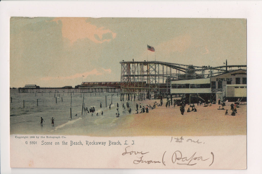 NY, Rockaway Beach, Long Island - Beach scene inc roller coaster - A19326