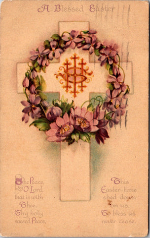 Easter - A Blessed Easter - cross and purple flowers postcard - A19568
