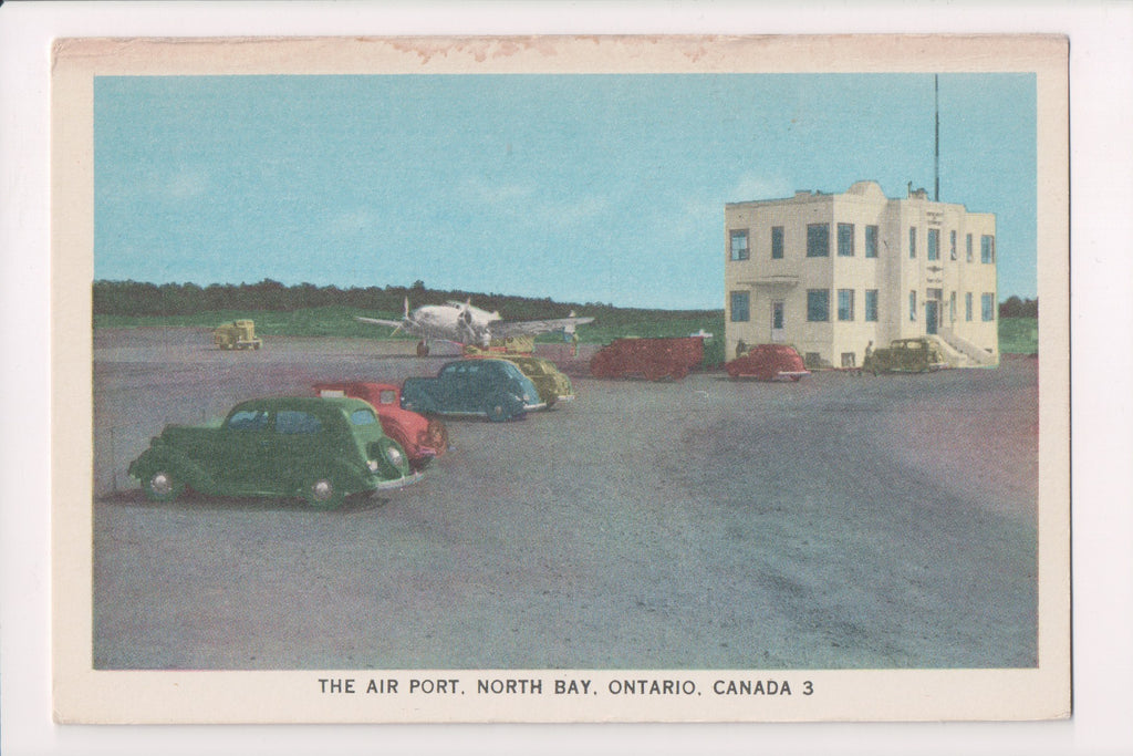 Canada - North Bay, ON - Airport, old cars, plane postcard