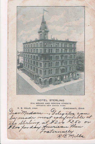 OH, Cincinnati - HOTEL STERLING - R B Mills Prop - @1909 postcard - B05339