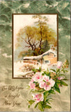 New Year - Winter Scene - Winsch back postcard - B06222