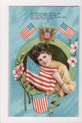 4th of July - young lady with US Flags and a shield postcard -b06300