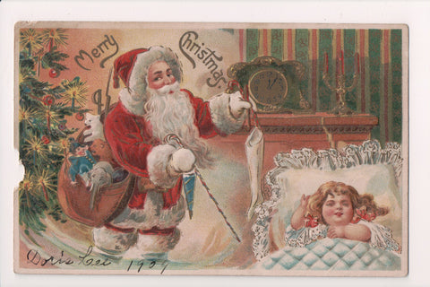 Xmas postcard - Christmas - Santa next to girl in bed - B06592