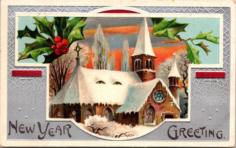 New Year - church looking like it has eyes on the roof - Clapsaddle? - B06777