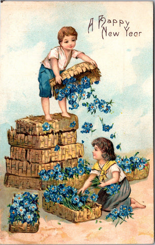 New Year - baskets of blue flowers - Alfred Holzman postcard - B10064