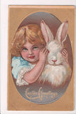 Easter postcard - Girl with hand on bunny rabbits eyes - B10113