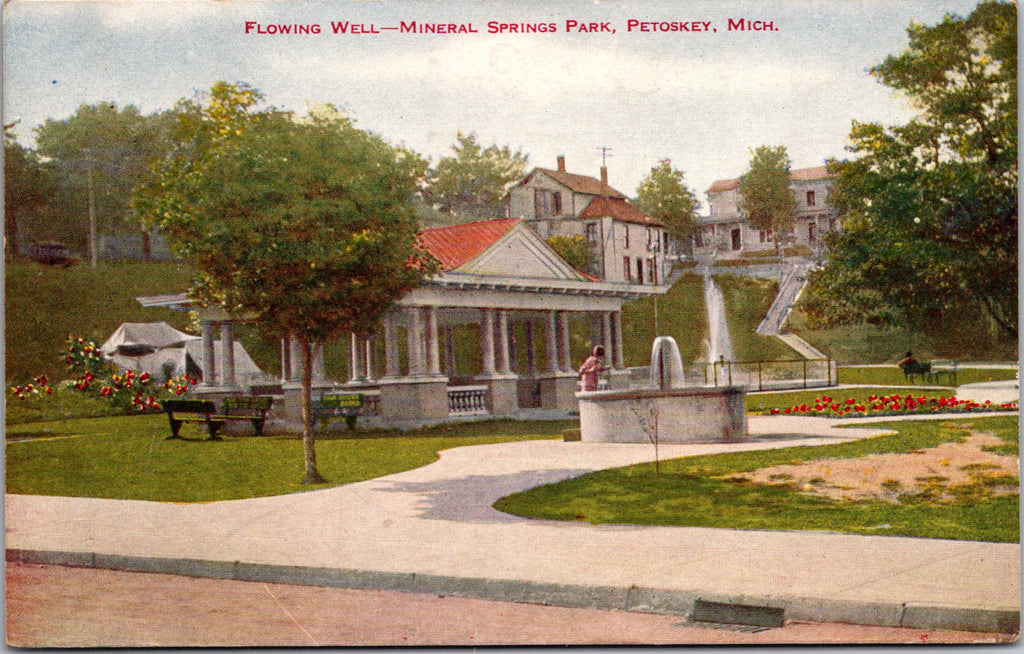 MI, Petoskey - Mineral Springs Park, Flowing Well, buildings postcard - B18028